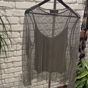 Anthropologie/ Sunday in Brooklyn Silver Beaded Fishnet Top